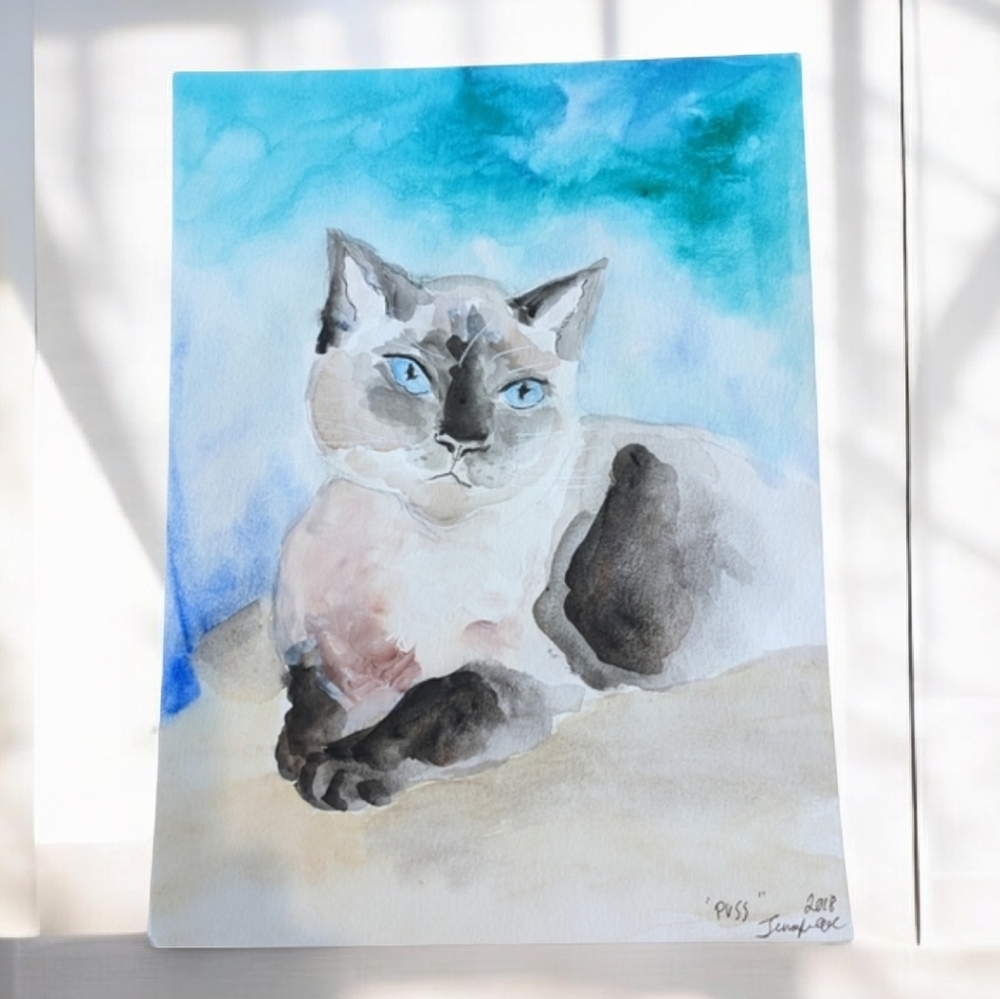 Original signed Watercolor. "Puss", Siamese cat. Pet Portrait.